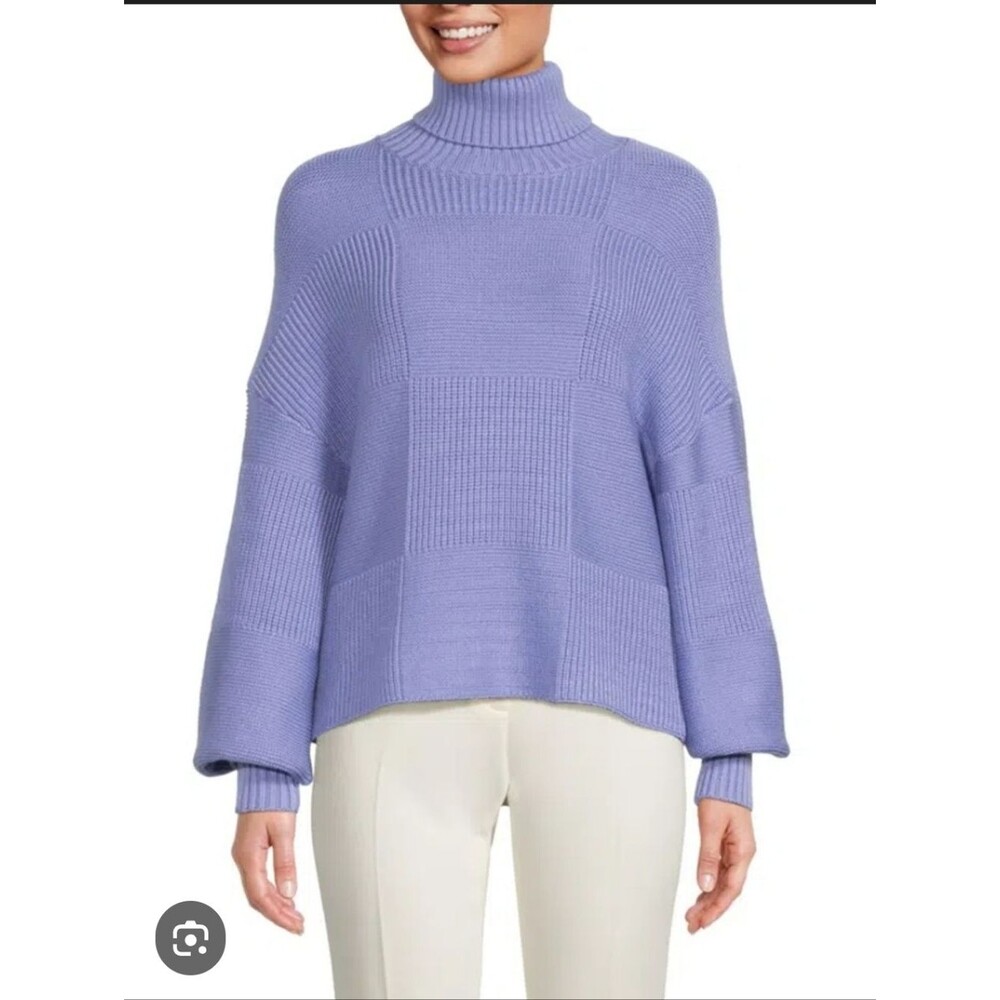 Staud Benny Check Turtleneck Perwinkle Sweater L Quiet Luxury Cottage Heritage